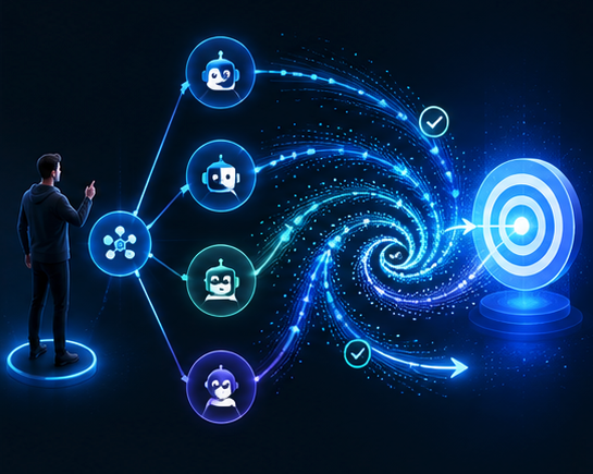 A director coordinating multiple AI agents that converge on a target