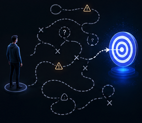 One person taking a long, tangled path toward a target